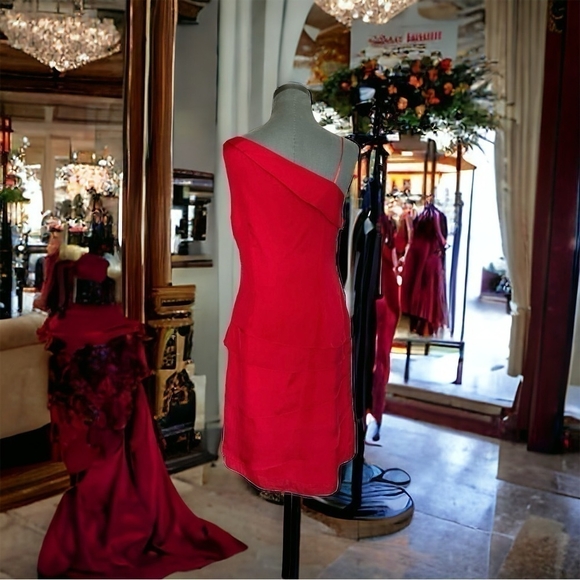 Women’s Dress Vintage Papell Boutique Evening Red Silk One Shoulder Ruffle Dress - Picture 3 of 8